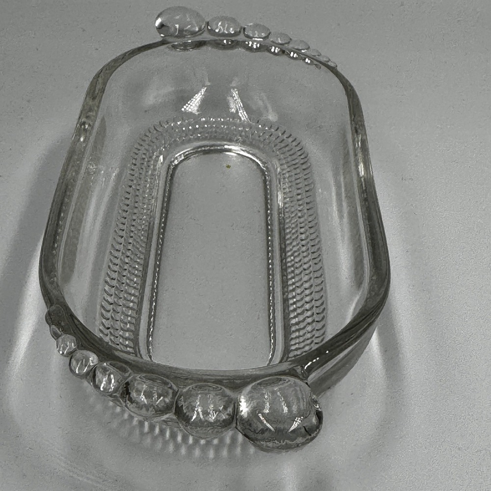 Vintage Clear Pressed Glass Dish Oval‎ Serving Tray Beaded Toe Handle Teardrop